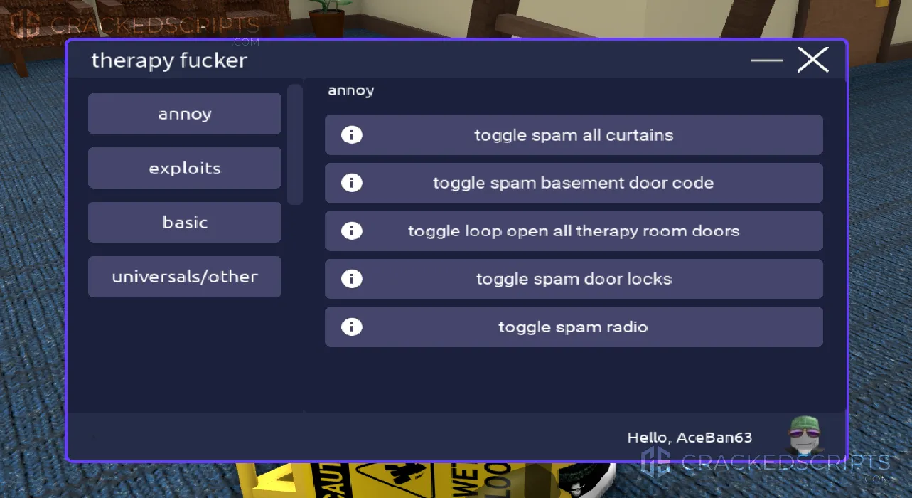 therapy: Toggle Spam All Curtains, Toggle Spam Basement door code!